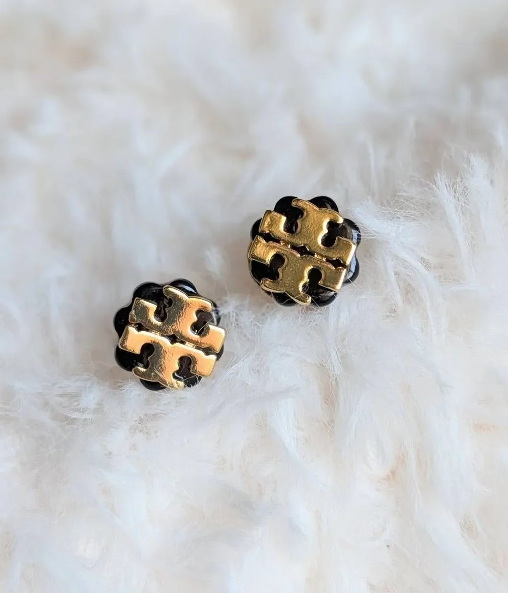 Tory Burch Gold Black Double T Logo Flower Stud Earrings